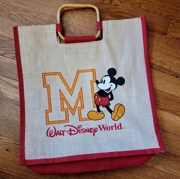 Vintage Disney Mickey Mouse Canvas Burlap Tote Bag with Wooden Handles - Picture 2 of 13